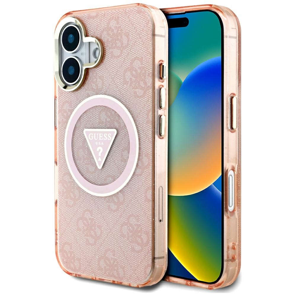 Guess IML Metal Glitter 4G Circle Triangle MagSafe Suojakuori iPhone 16:lle - Vaaleanpunainen