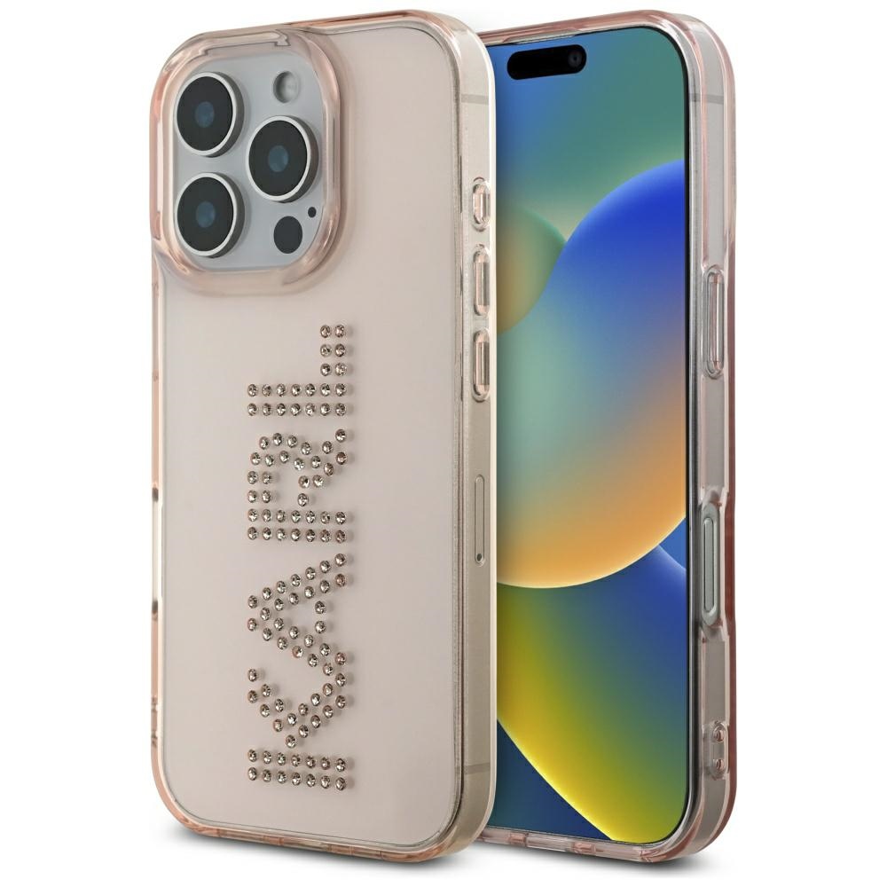 Karl Lagerfeld IML Rhinestones Logo iPhone 16 Pro Suojakuori - Vaaleanpunainen