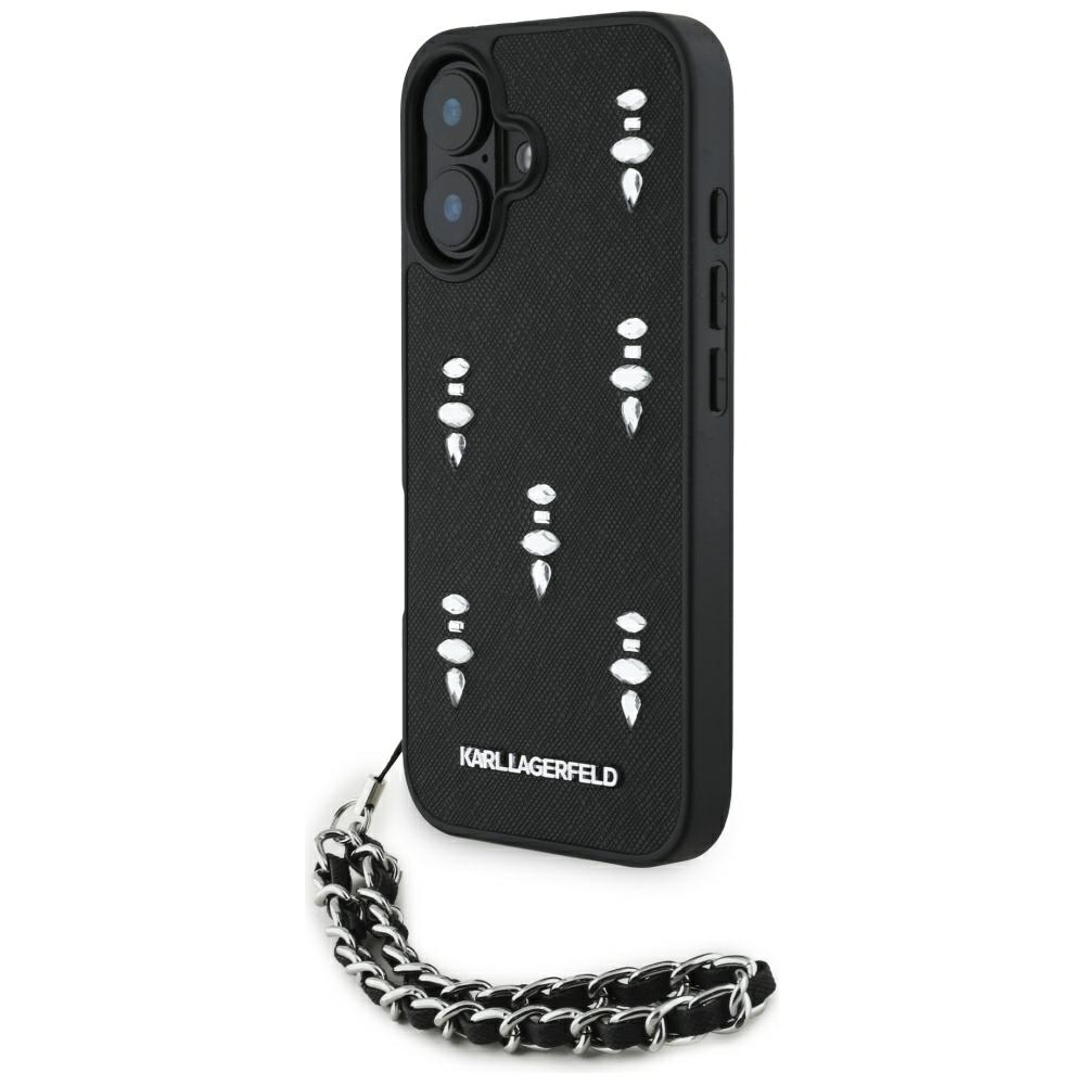 Karl Lagerfeld Saffiano Crystals ketjulla iPhone 16 Suojakuori - Musta