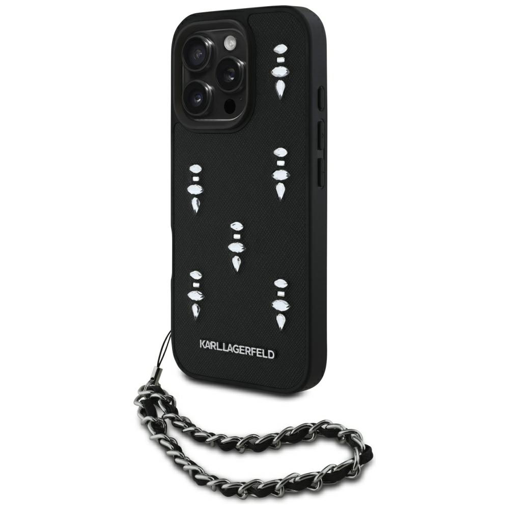 Karl Lagerfeld Saffiano Crystals ketjulla iPhone 16 Pro Suojakuori - Musta