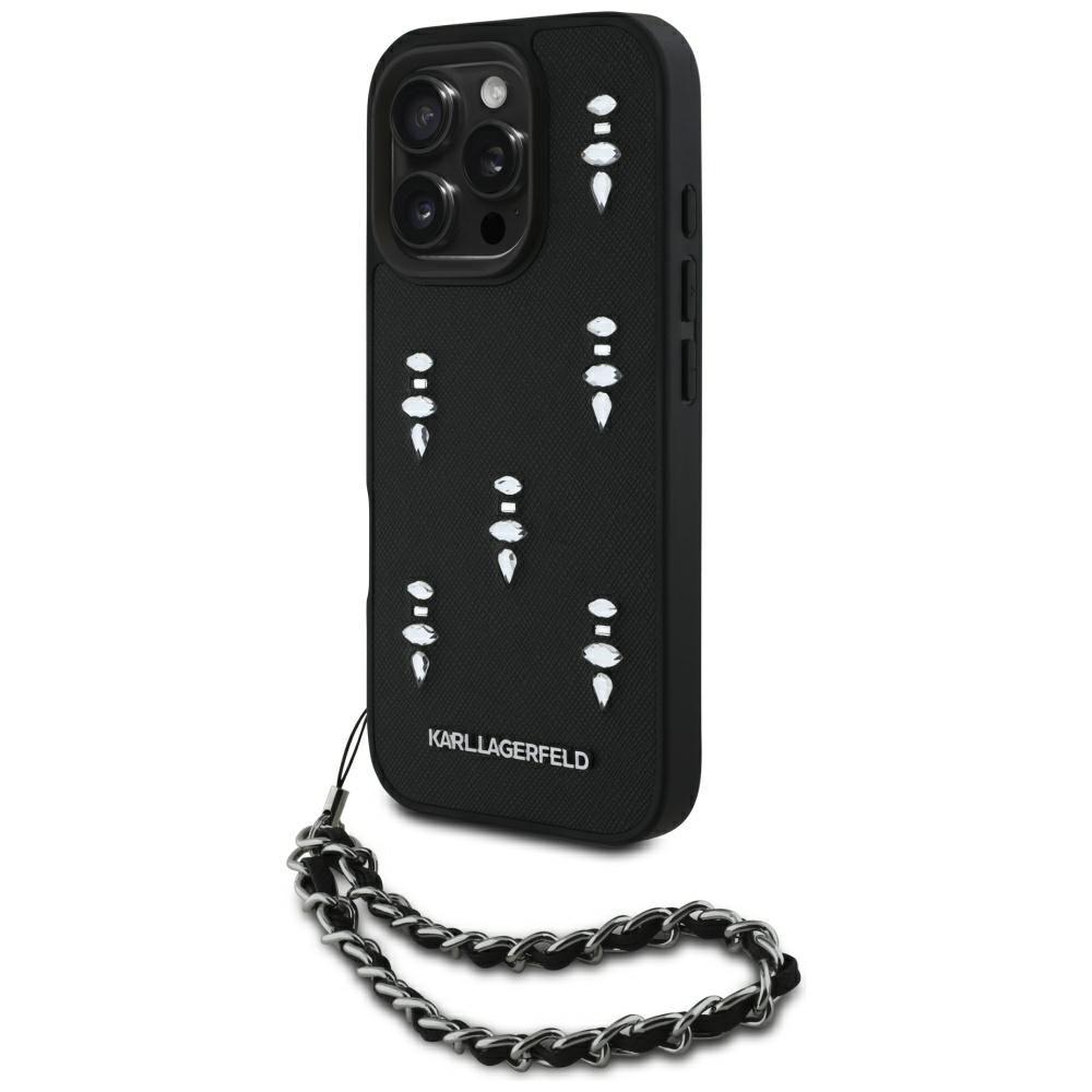 Karl Lagerfeld Saffiano Crystals -suojakuori ketjulla iPhone 16 Pro Max - musta