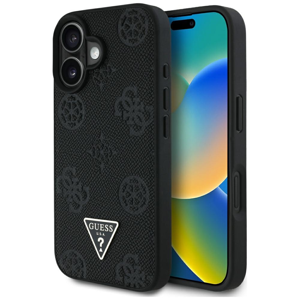 Guess Grained Hot Stamp Peony Triangle Logo MagSafe Suojakuori iPhone 16:lle - musta