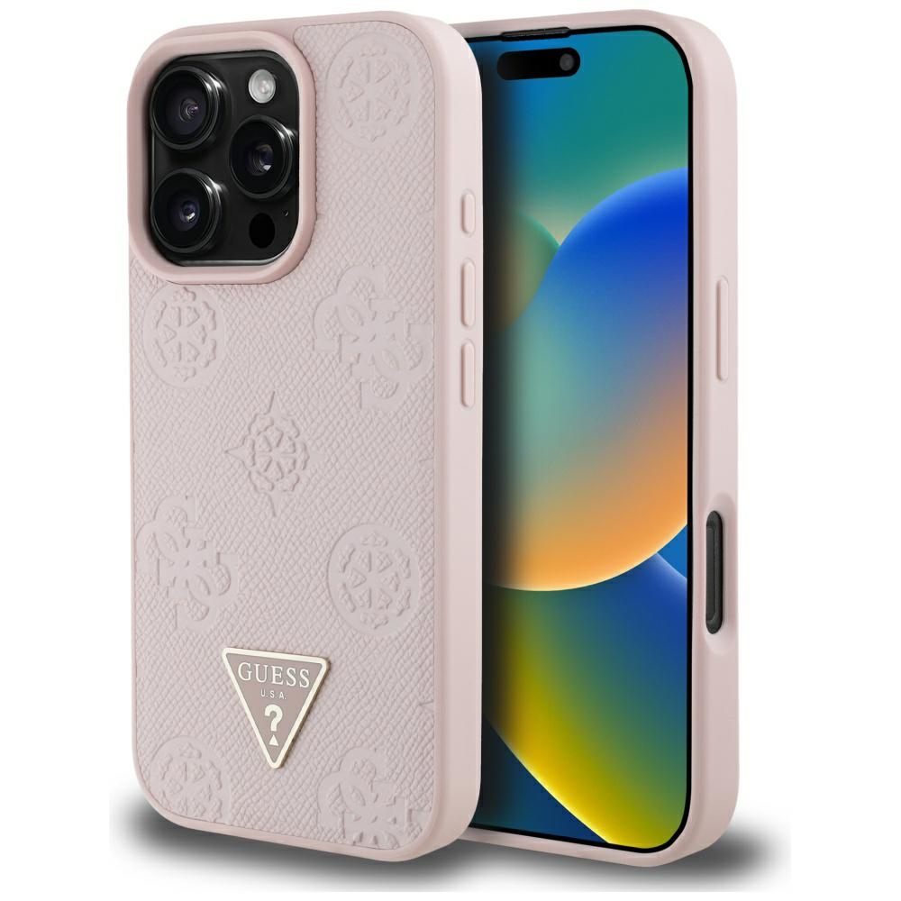 Guess Grained Hot Stamp Peony Triangle Logo MagSafe Suojakuori iPhone 16 Pro:lle - vaaleanpunainen