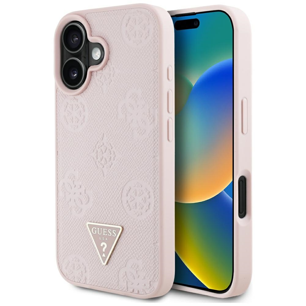 Guess Grained Hot Stamp Peony Triangle Logo MagSafe Suojakuori iPhone 16:lle - vaaleanpunainen