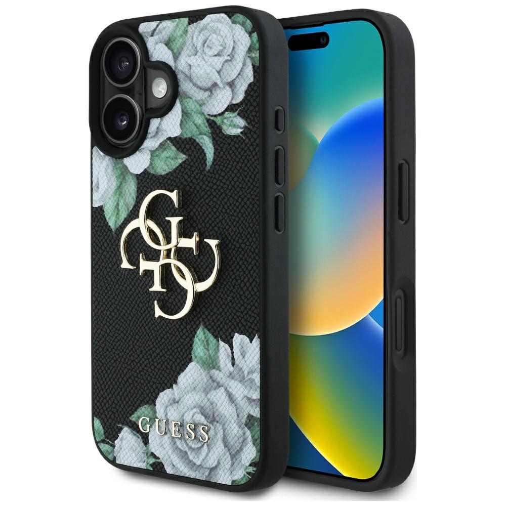 Guess Grained Roses Big 4G logo Suojakuori iPhone 16:lle - musta