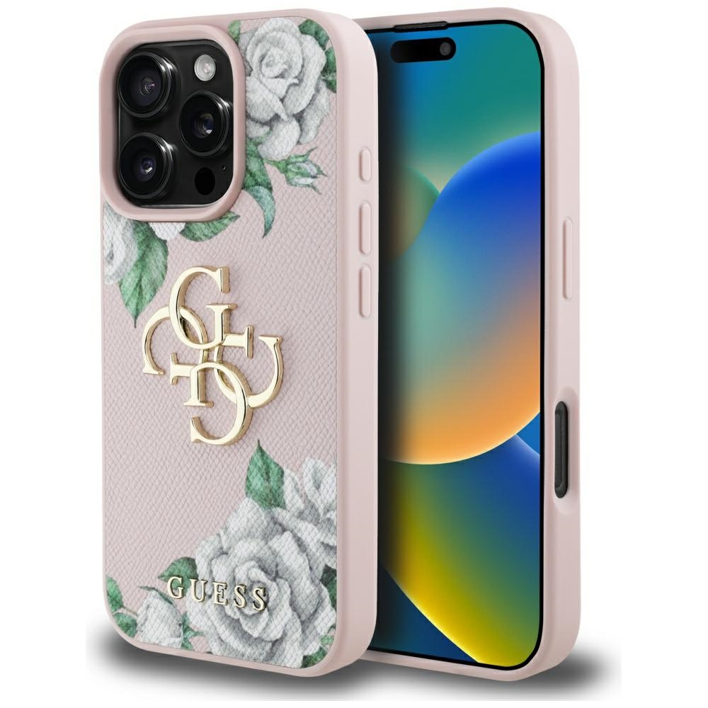 Guess Grained Roses Big 4G logo Suojakuori iPhone 16 Pro Max:lle - vaaleanpunainen