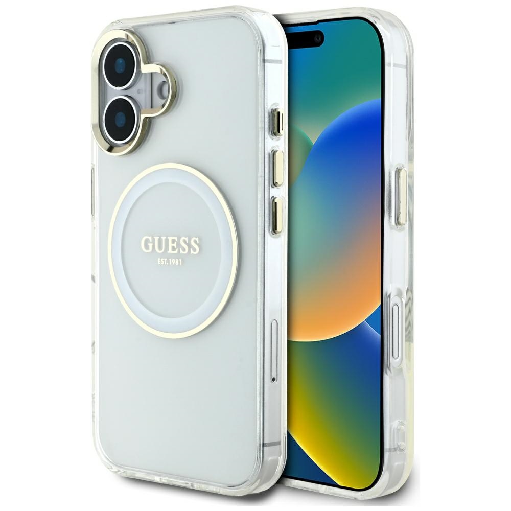 Guess IML Metal Colored Circle Classic Logo MagSafe Suojakuori iPhone 16:lle - valkoinen
