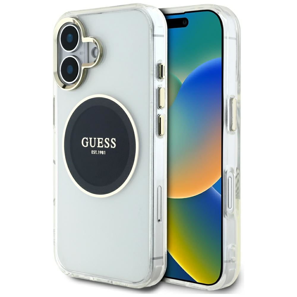 Guess IML Metal Colored Circle Classic Logo MagSafe Suojakuori iPhone 16:lle - musta