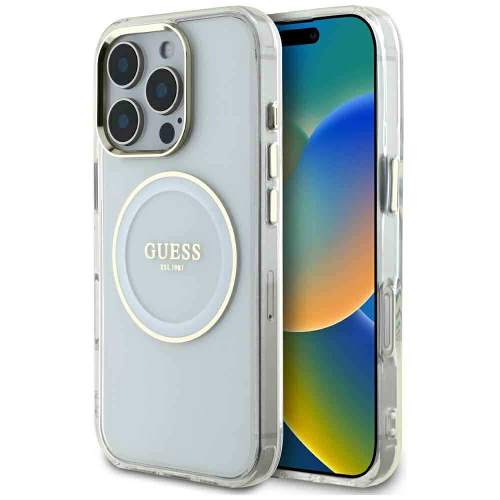 Guess IML Metal Colored Circle Classic Logo MagSafe Suojakuori iPhone 16 Pro:lle - valkoinen