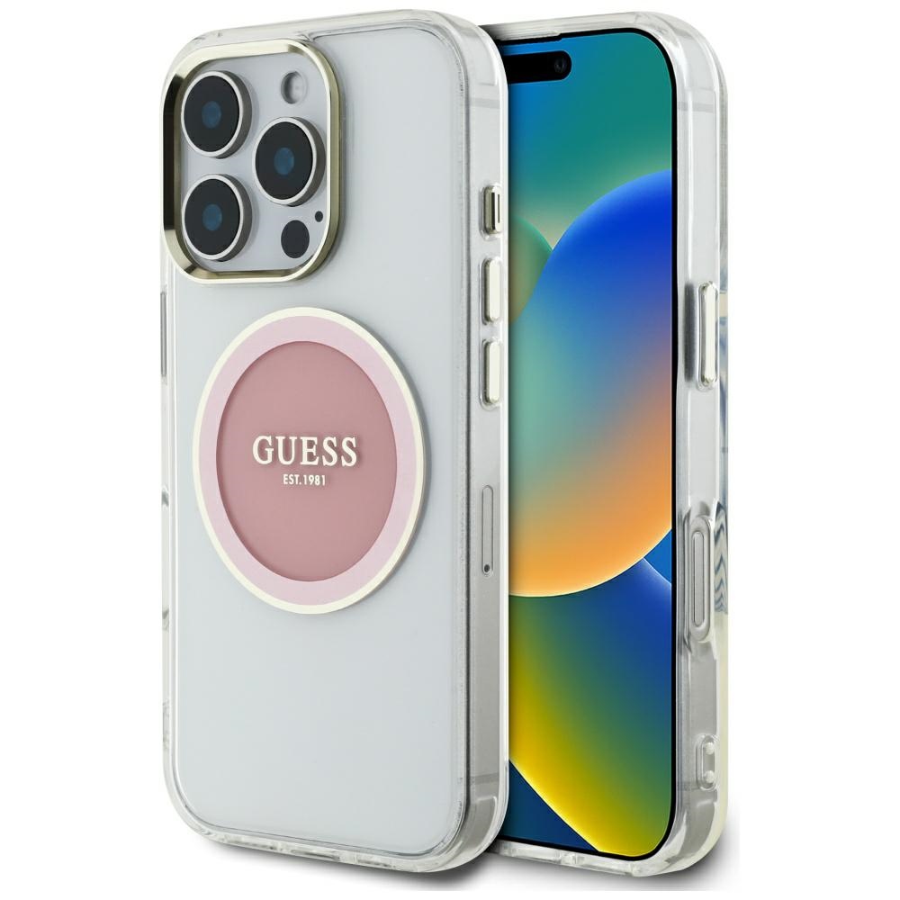 Guess IML Metal Colored Circle Classic Logo MagSafe Suojakuori iPhone 16 Pro:lle - vaaleanpunainen