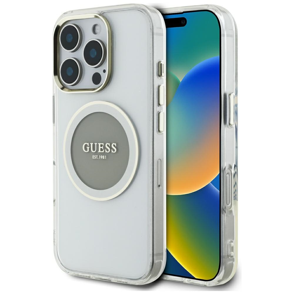 Guess IML Metal Colored Circle Classic Logo MagSafe Suojakuori iPhone 16 Pro:lle - harmaa