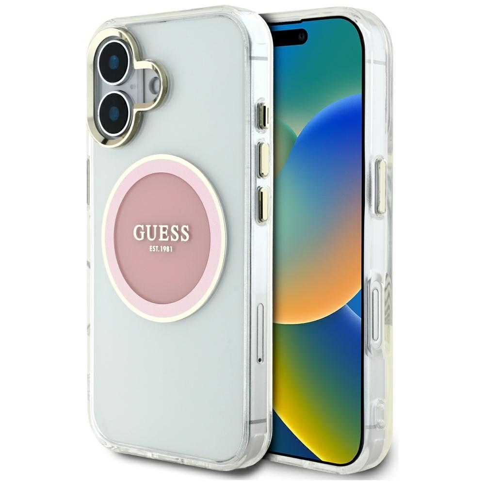 Guess IML Metal Colored Circle Classic Logo MagSafe Suojakuori iPhone 16:lle - vaaleanpunainen