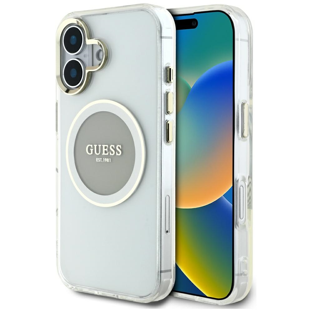 Guess IML Metal Colored Circle Classic Logo MagSafe Suojakuori iPhone 16:lle - harmaa