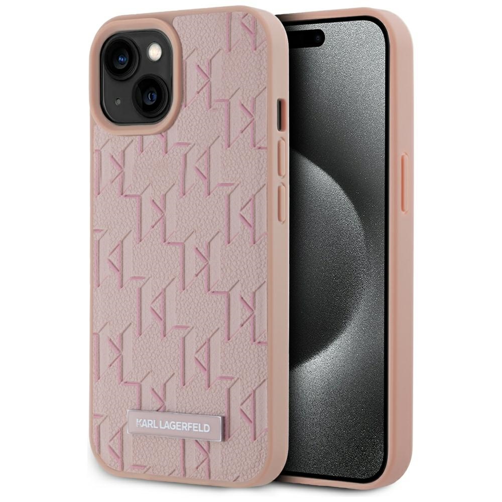 Karl Lagerfeld Leather Monogram Metal Logo MagSafe Suojakuori iPhone 15:lle - vaaleanpunainen