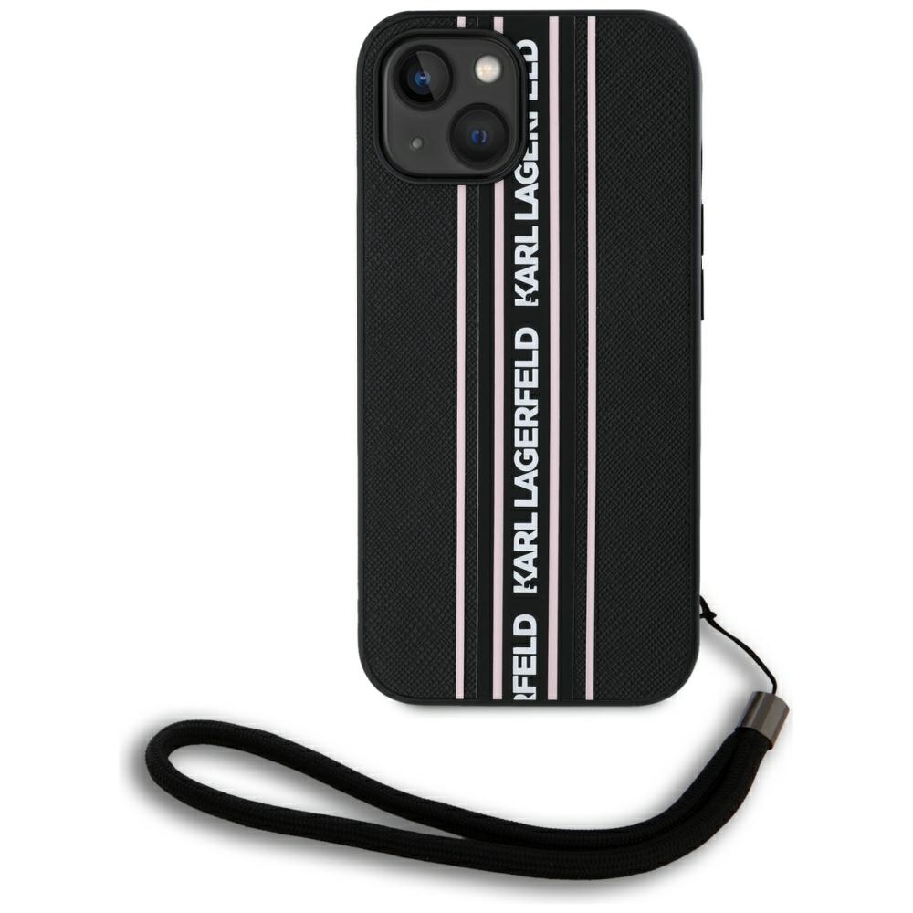 Karl Lagerfeld Saffiano Athleisure Stripes Cord Suojakuori iPhone 15:lle - vaaleanpunainen