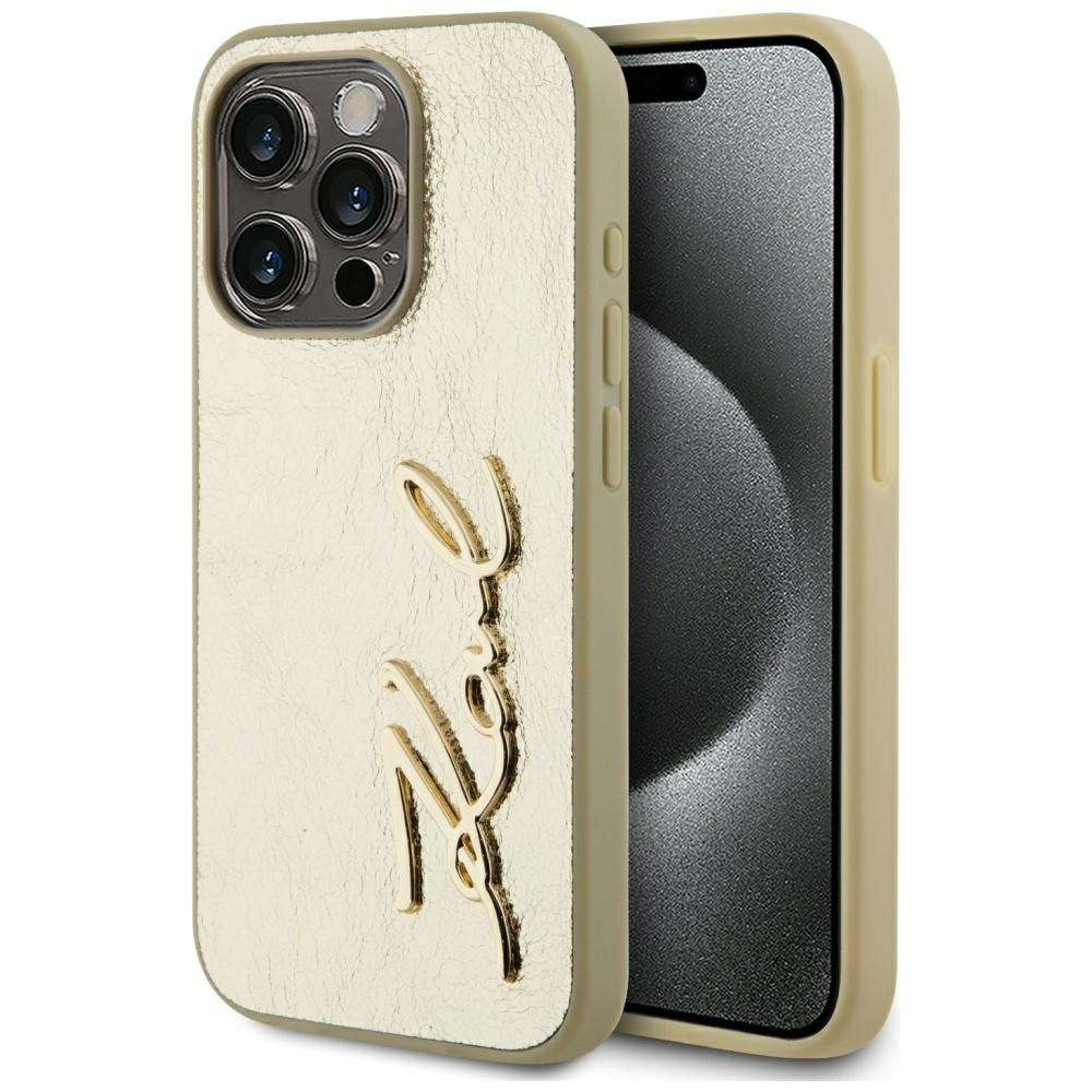 Karl Lagerfeld Wrinkled Metal Signature Suojakuori iPhone 15 Pro Max:lle - kultainen
