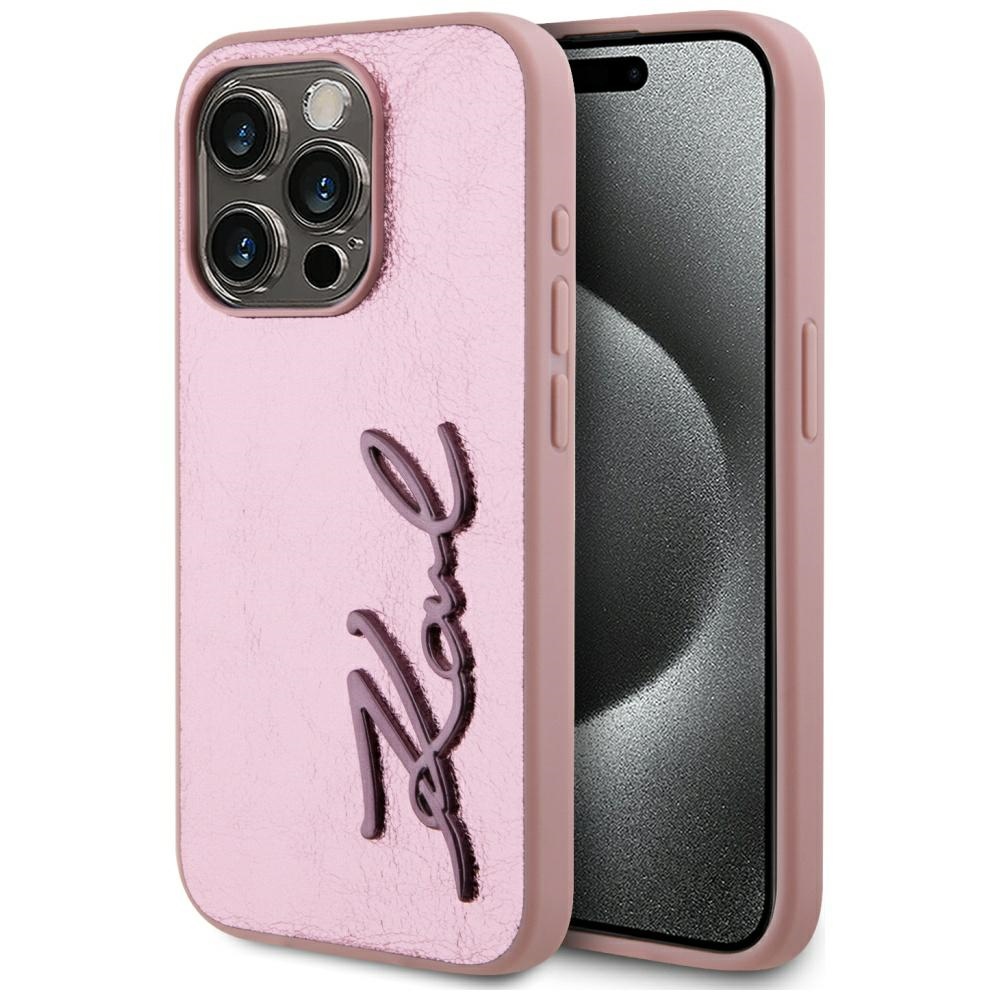 Karl Lagerfeld Wrinkled Metal Signature Suojakuori iPhone 15 Pro:lle - vaaleanpunainen
