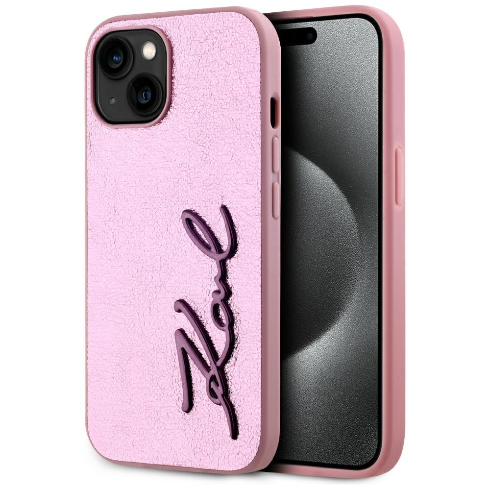 Karl Lagerfeld Wrinkled Metal Signature Suojakuori iPhone 15:lle - vaaleanpunainen
