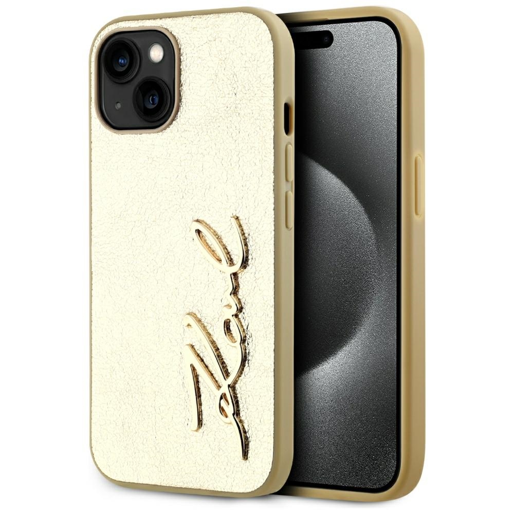 Karl Lagerfeld Wrinkled Metal Signature Suojakuori iPhone 15:lle - kultainen