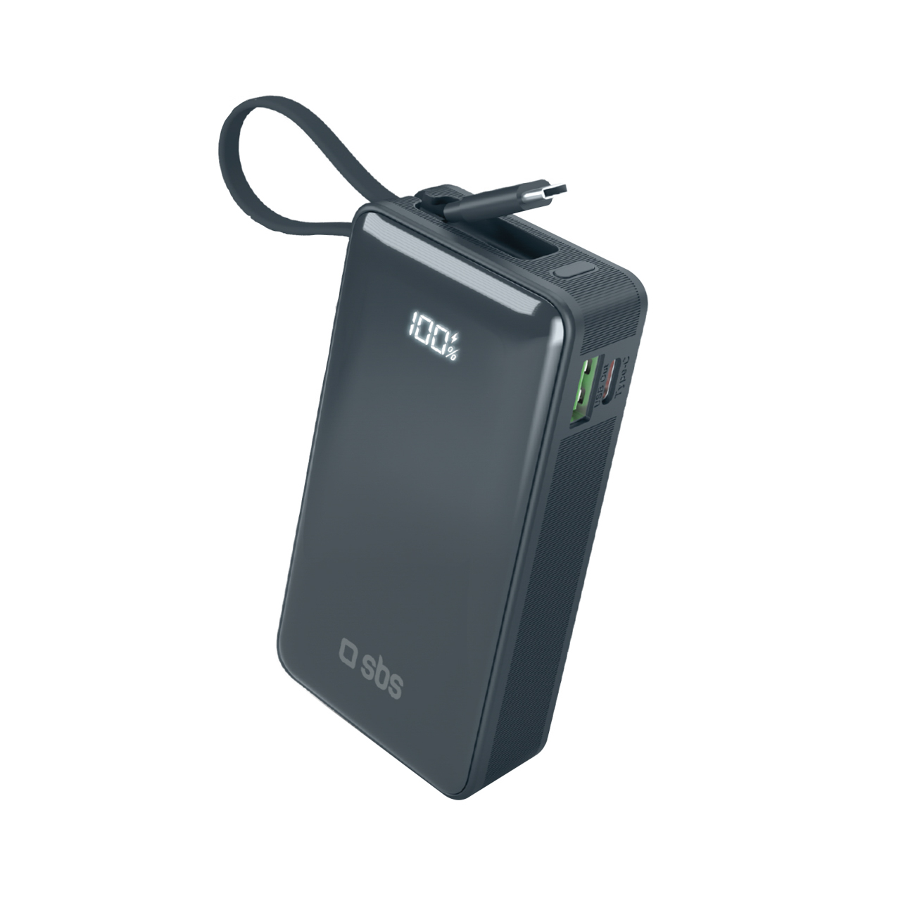Powerbank SBS 10000 mAh 20W with built-in USB-C cable and digital display - dark gray