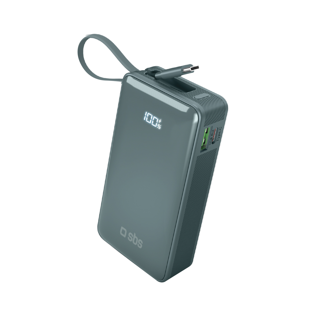 Powerbank SBS 10000 mAh 20W sisäänrakennetulla USB-C-kaapelilla ja digitaalisella näytöllä - harmaa