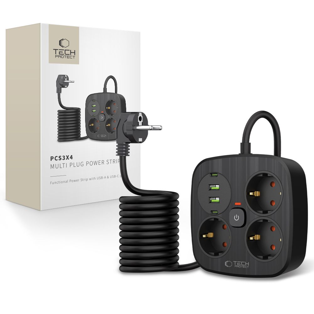 Tech-Protect PCS3X4 jatkojohto 3 pistoketta 2xUSB-A 2xUSB-C 200 cm - musta