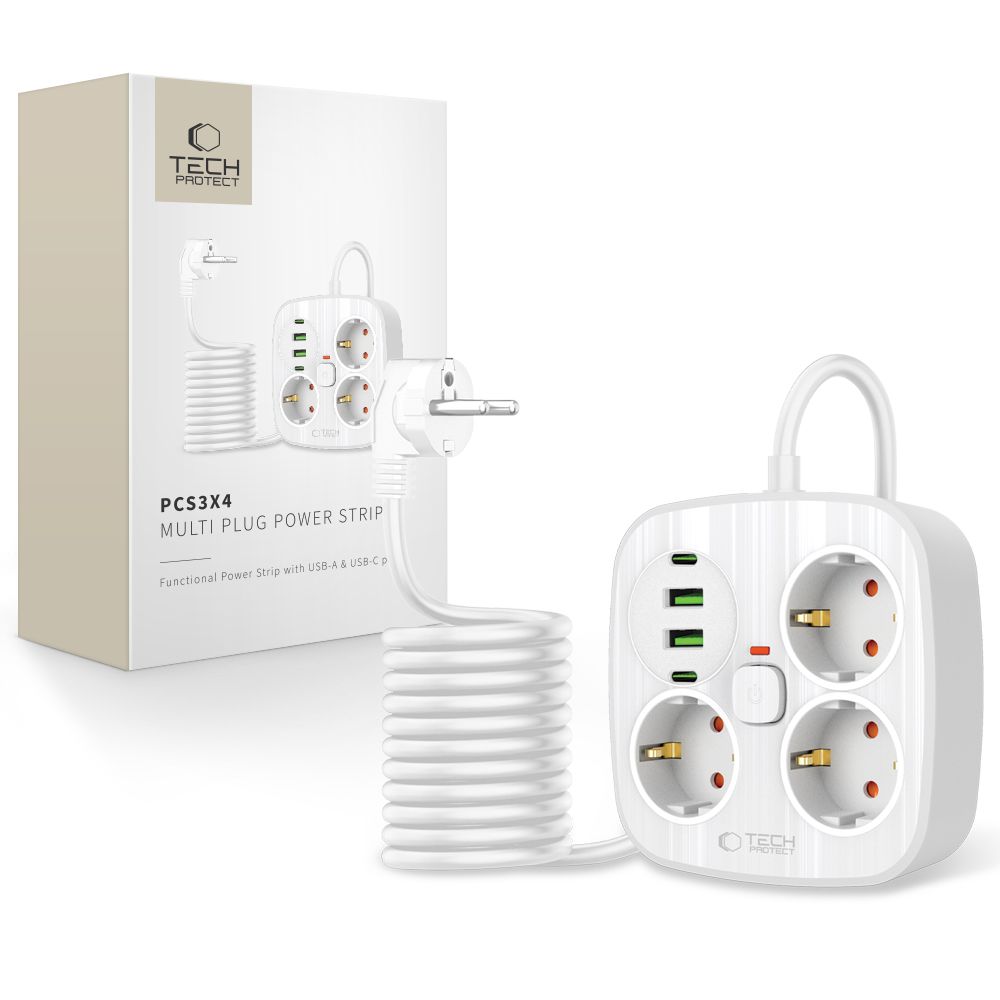 Tech-Protect PCS3X4 jatkojohto 3 pistoketta 2xUSB-A 2xUSB-C 200 cm - valkoinen