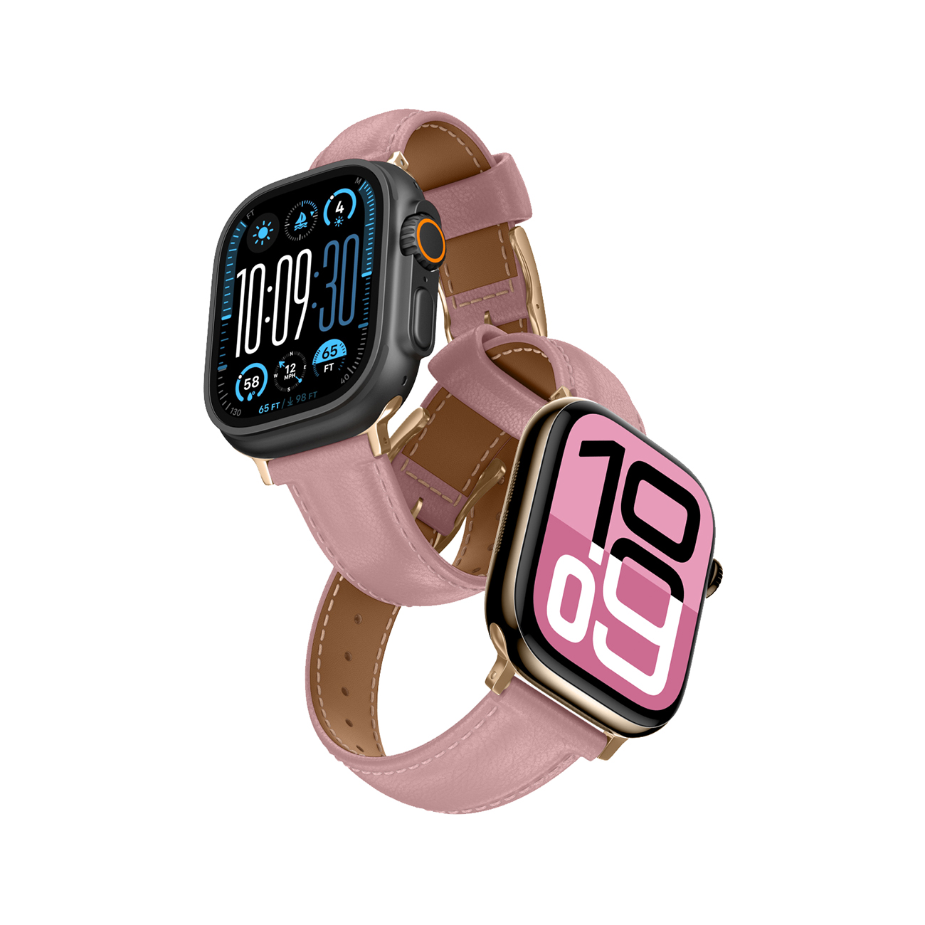 AmazingThing Class Band Nahkainen Hihna Apple Watch 45 / 46 / 49 mm:lle - vaaleanpunainen