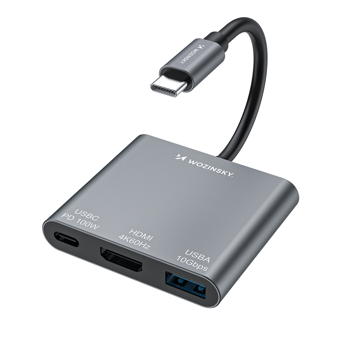 Wozinsky WHCH-01 USB-C PD 100W HDMI 4K@30Hz USB-A 10Gbps Keskitin - harmaa