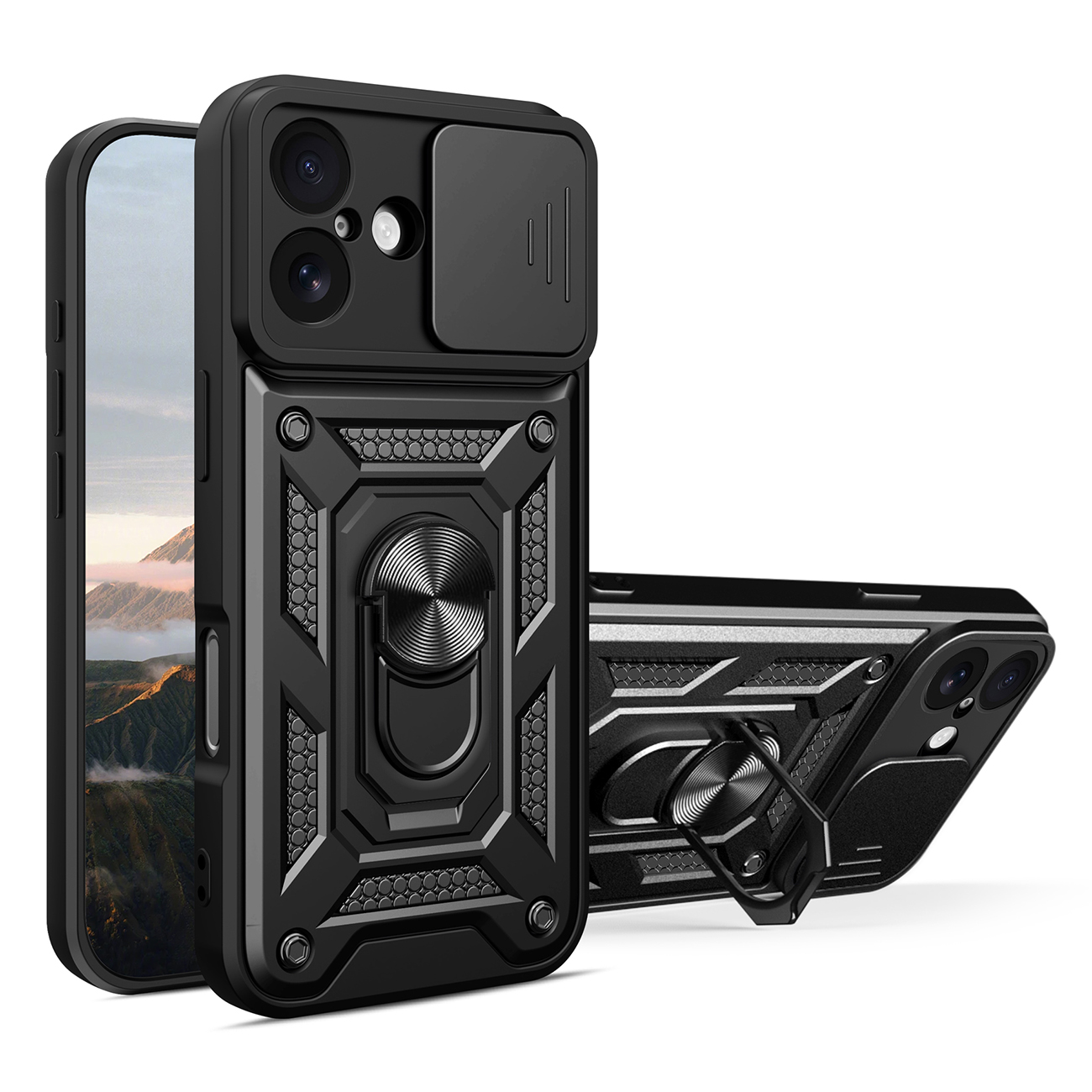 Hybrid Armor Camshield Suojakuori jalustalla ja kameran suojuksella iPhone 17:lle - musta