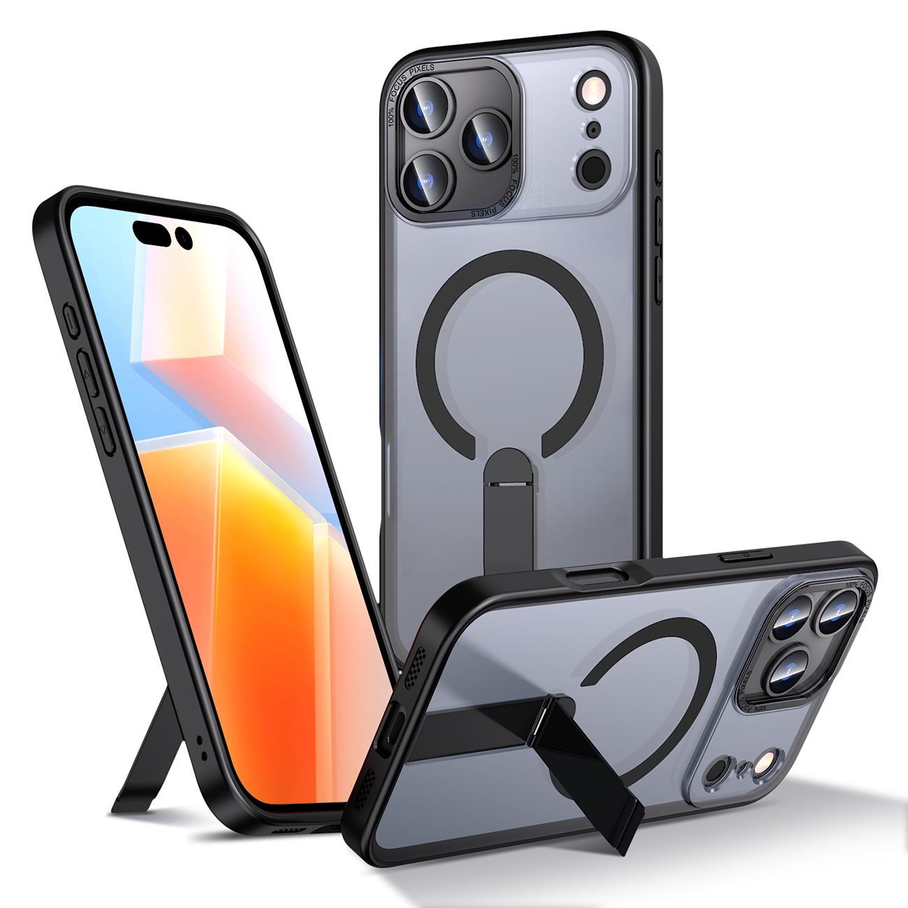 Hybrid Armor X Suojakuori iPhone 17 Pro:lle MagSafe-yhteensopivalla jalustalla - musta