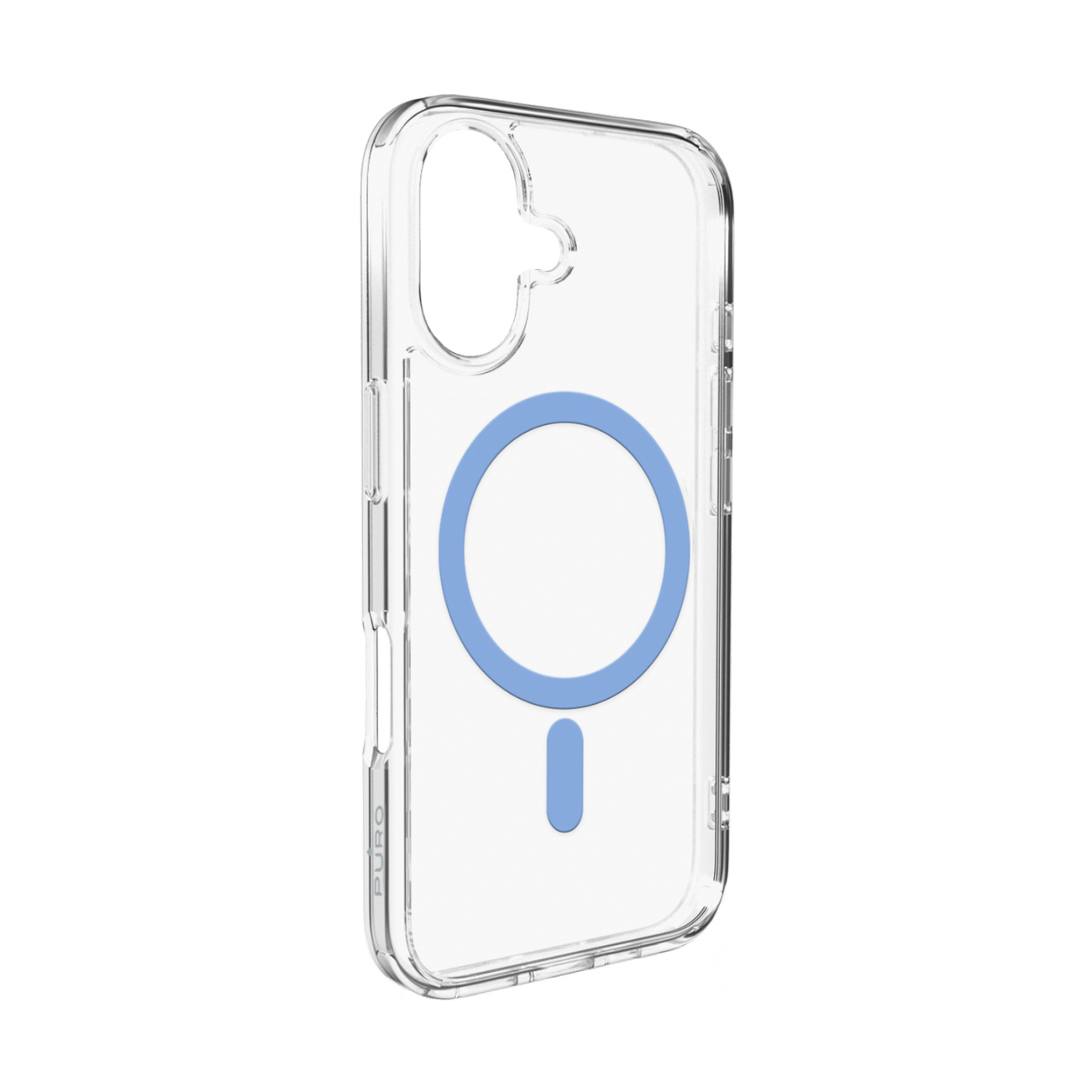 Puro Lite Mag TPU+PC suojakuori MagSafe-yhteensopiva iPhone 17:lle - läpinäkyvä sinisellä renkaalla