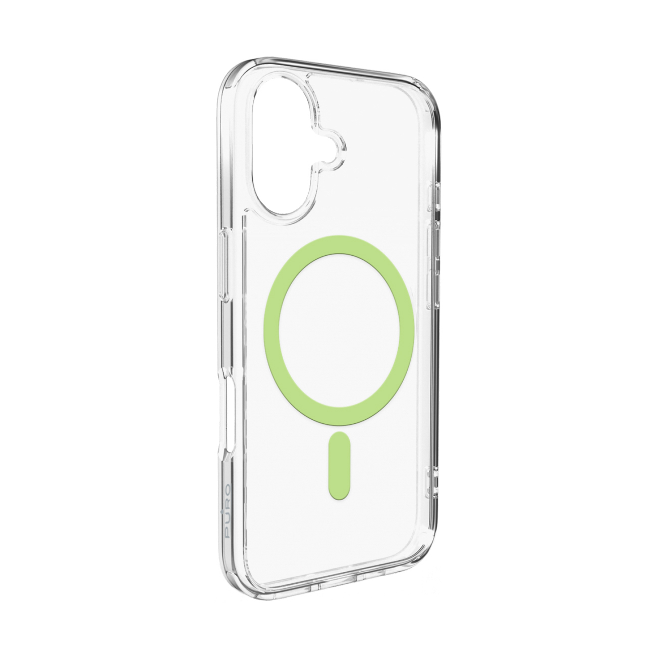 Puro Lite Mag TPU+PC suojakuori MagSafe-yhteensopiva iPhone 17:lle - läpinäkyvä vihreällä renkaalla