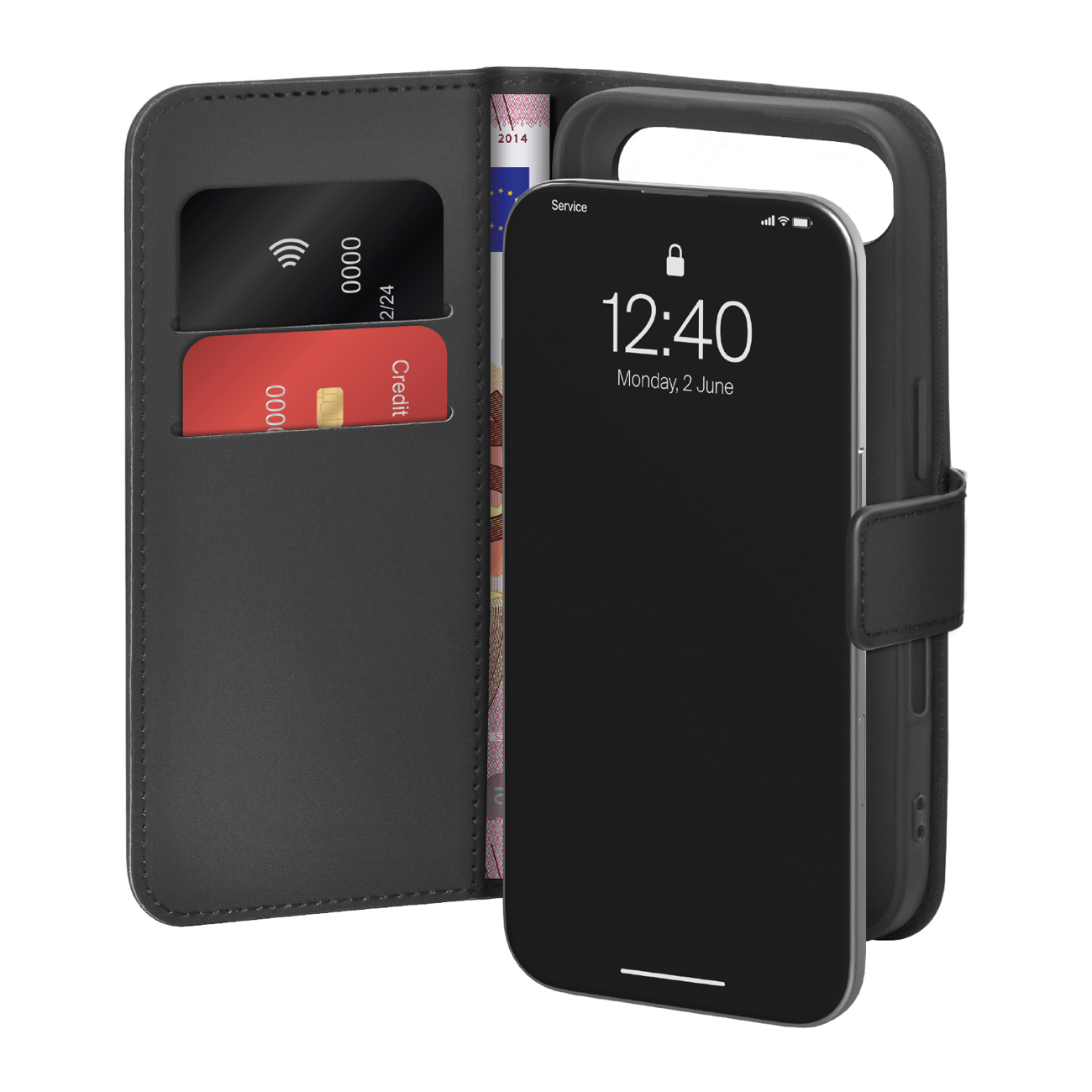 Puro Wallet Stand suojakuori iPhone 17 Air:lle - ekotekonahkainen lompakko- ja jalustakuori, musta