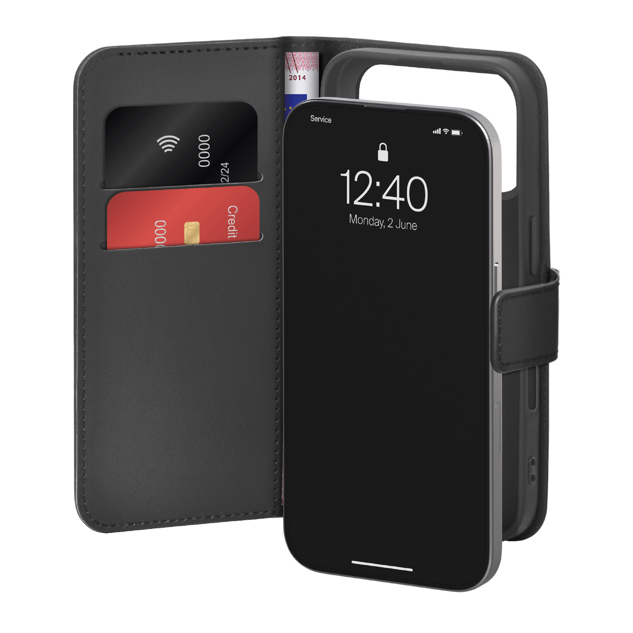 Puro Wallet Stand suojakuori iPhone 17 Pro:lle - ekotekonahkainen lompakko- ja jalustakuori, musta