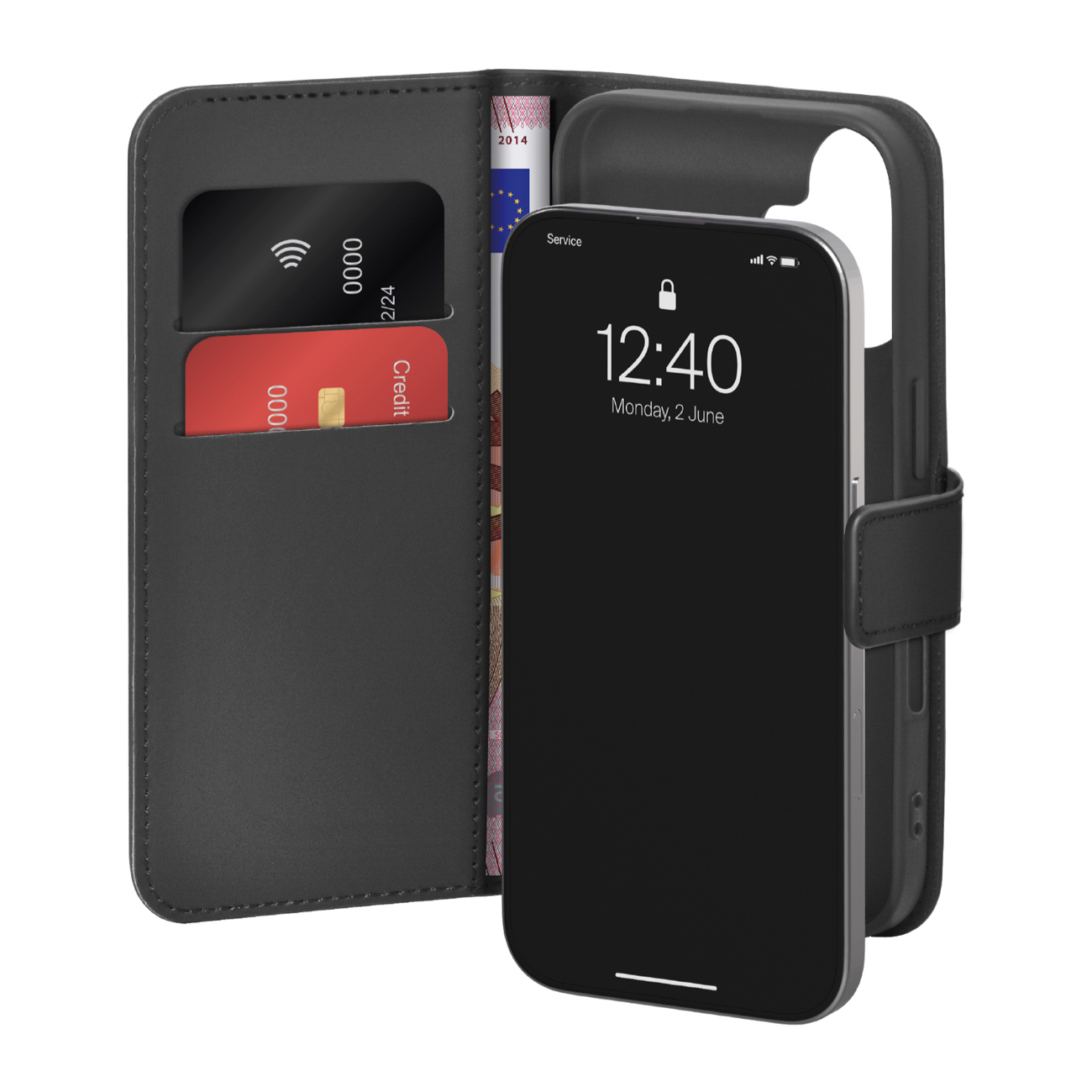Puro Wallet Stand suojakuori iPhone 17:lle - ekotekonahkainen lompakko- ja jalustakuori, musta
