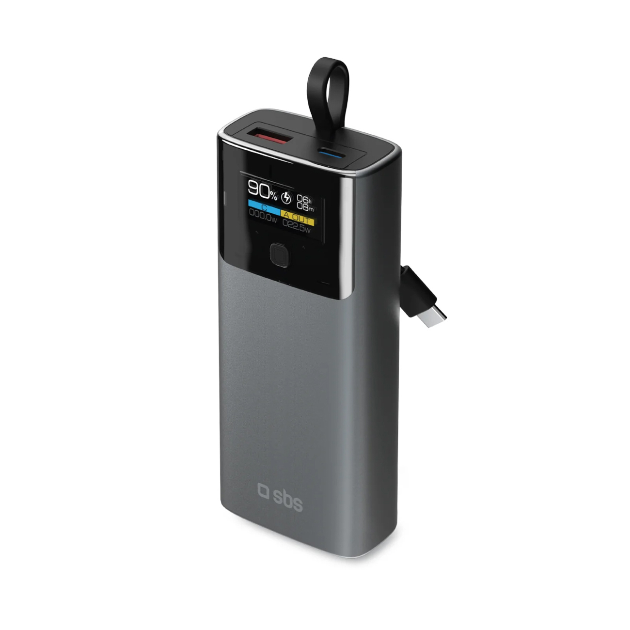 SBS 10000mAh PD 20W Powerbank LCD-näytöllä ja sisäänrakennetulla USB-C-kaapelilla - harmaa