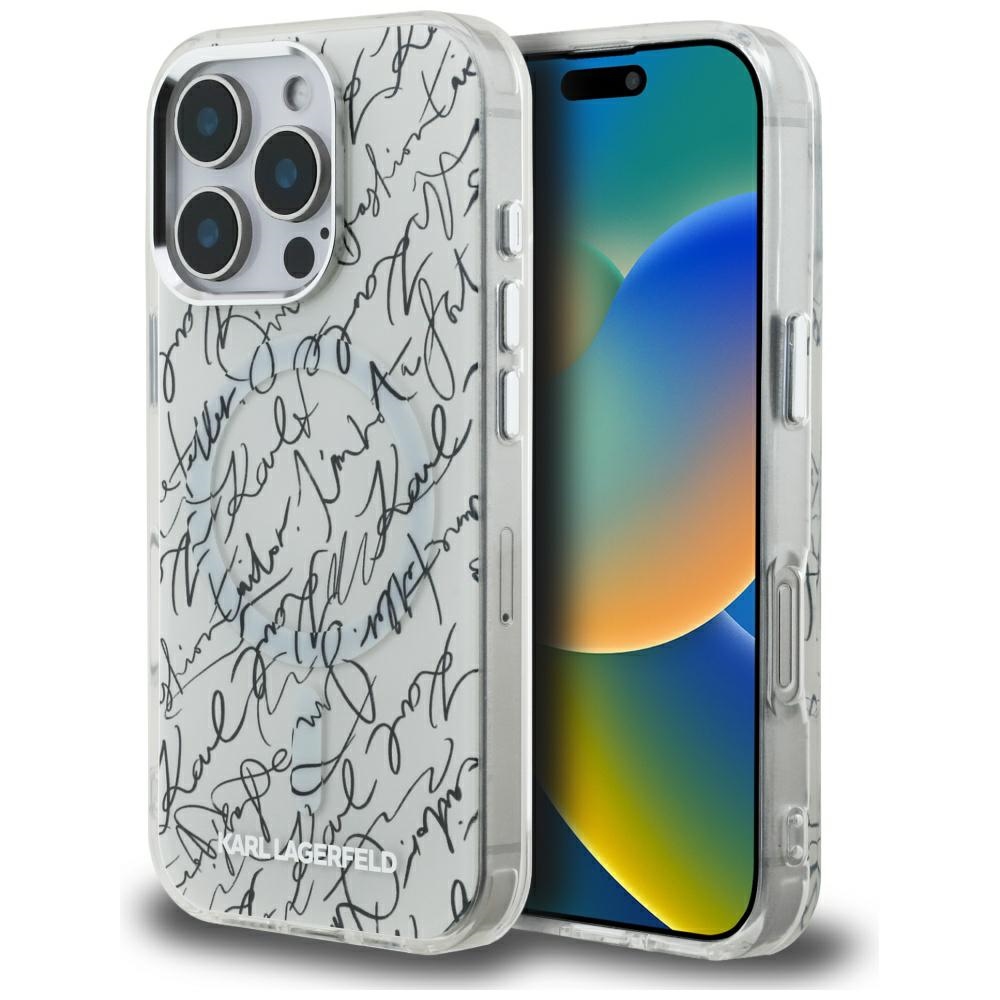 Karl Lagerfeld IML Karl Script Pattern MagSafe Suojakuori iPhone 16 Pro:lle - Valkoinen