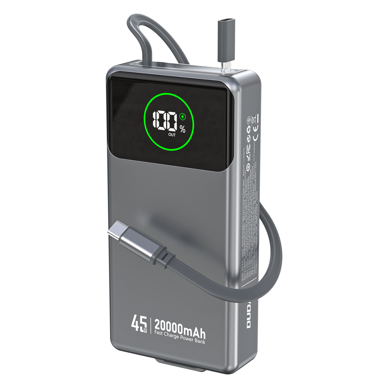 Dudao K31 Pro 45W 20000mAh Power Bank with Built-in Retractable USB-C Cable - Gray