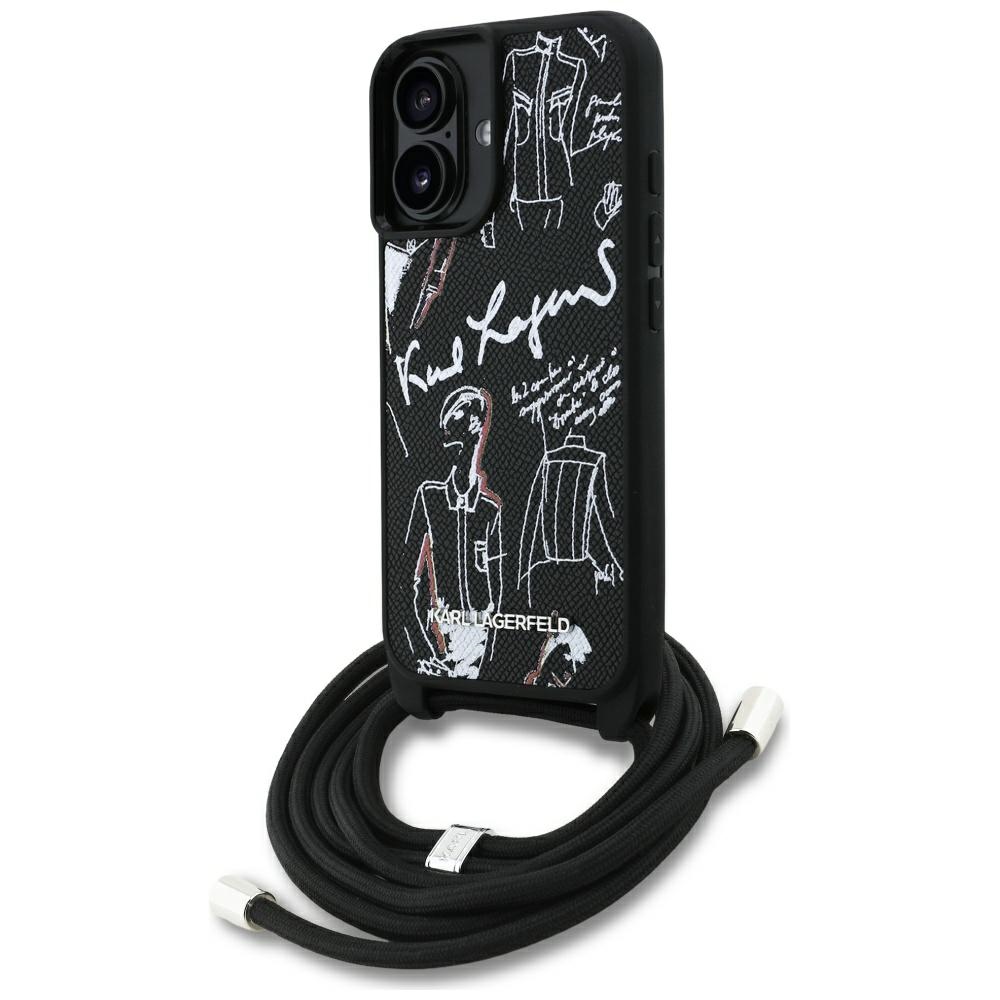 Karl Lagerfeld Suojakuori iPhone 16:lle KLHCP16SPGGRMPCK MagSafe-yhteensopiva (CRSSBY Grained PU W/ Pattern & Logo) - Musta