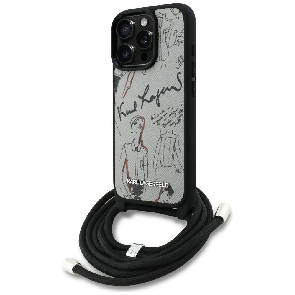 Karl Lagerfeld Crossbody Grained Pattern & Logo Suojakuori iPhone 16 Pro:lle - Harmaa