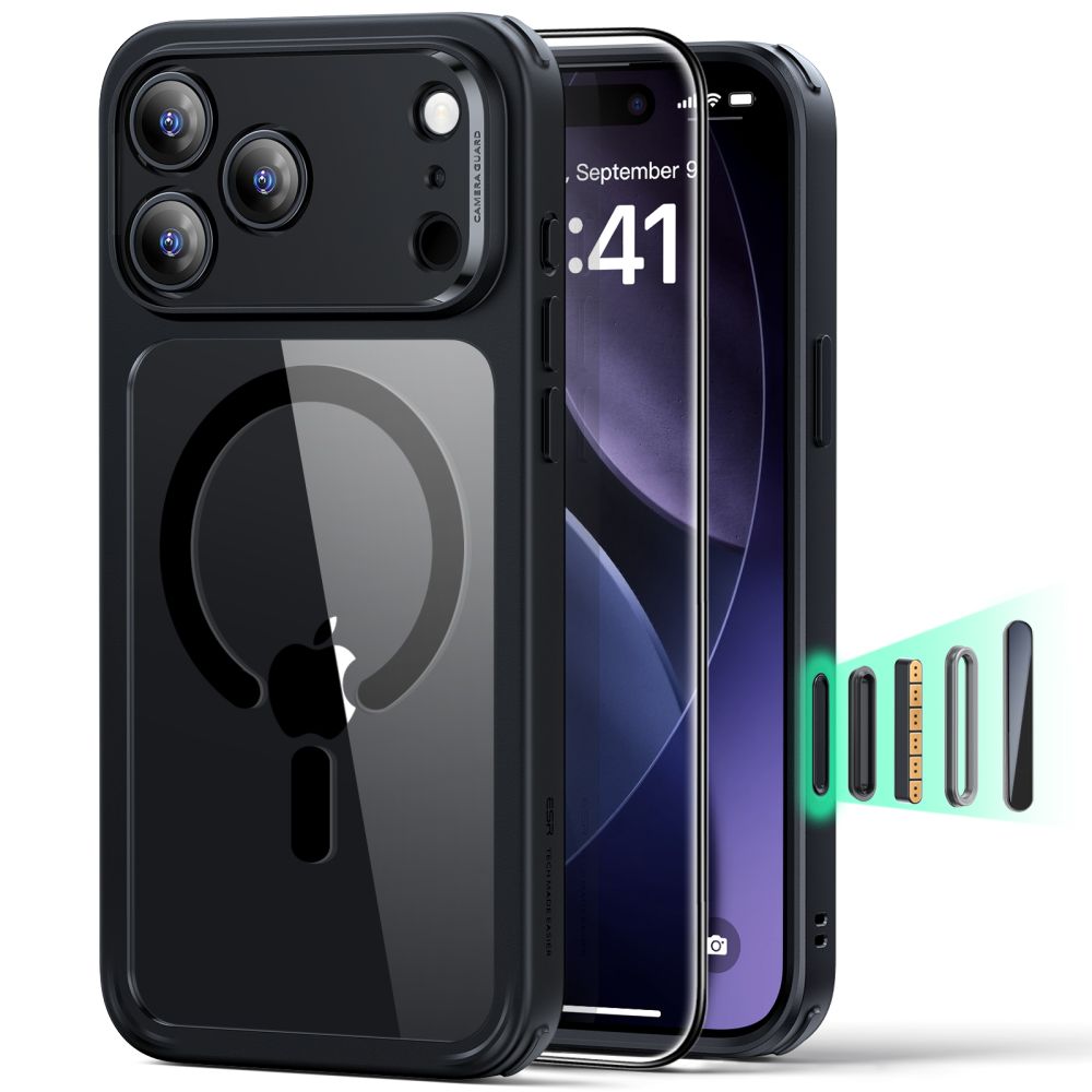 ESR Classic Hybrid MagSafe + Karkaistu lasi -setti iPhone 17 Pro:lle - Kirkas musta