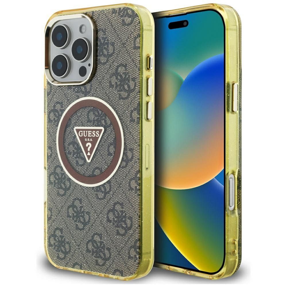 GUESS Suojakuori iPhone 16 Pro:lle MagSafe-yhteensopiva GUHMP16LHG4PRTGW (IML Metal Glitter 4G Circle Triangle) Ruskea