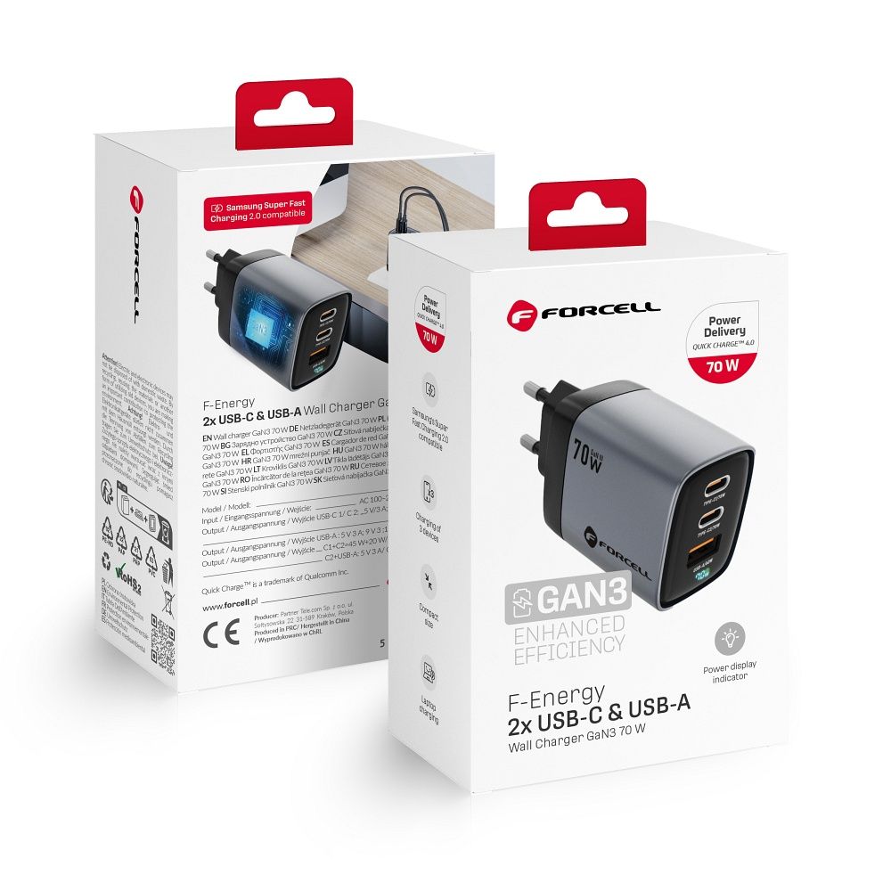 Puhelinlaturi Forcell F-Energy GaN III 2 x USB C + USB A QC4.0 3,45A PD 70W SAM SFC2.0 LCD-näytöllä VT-37 harmaa