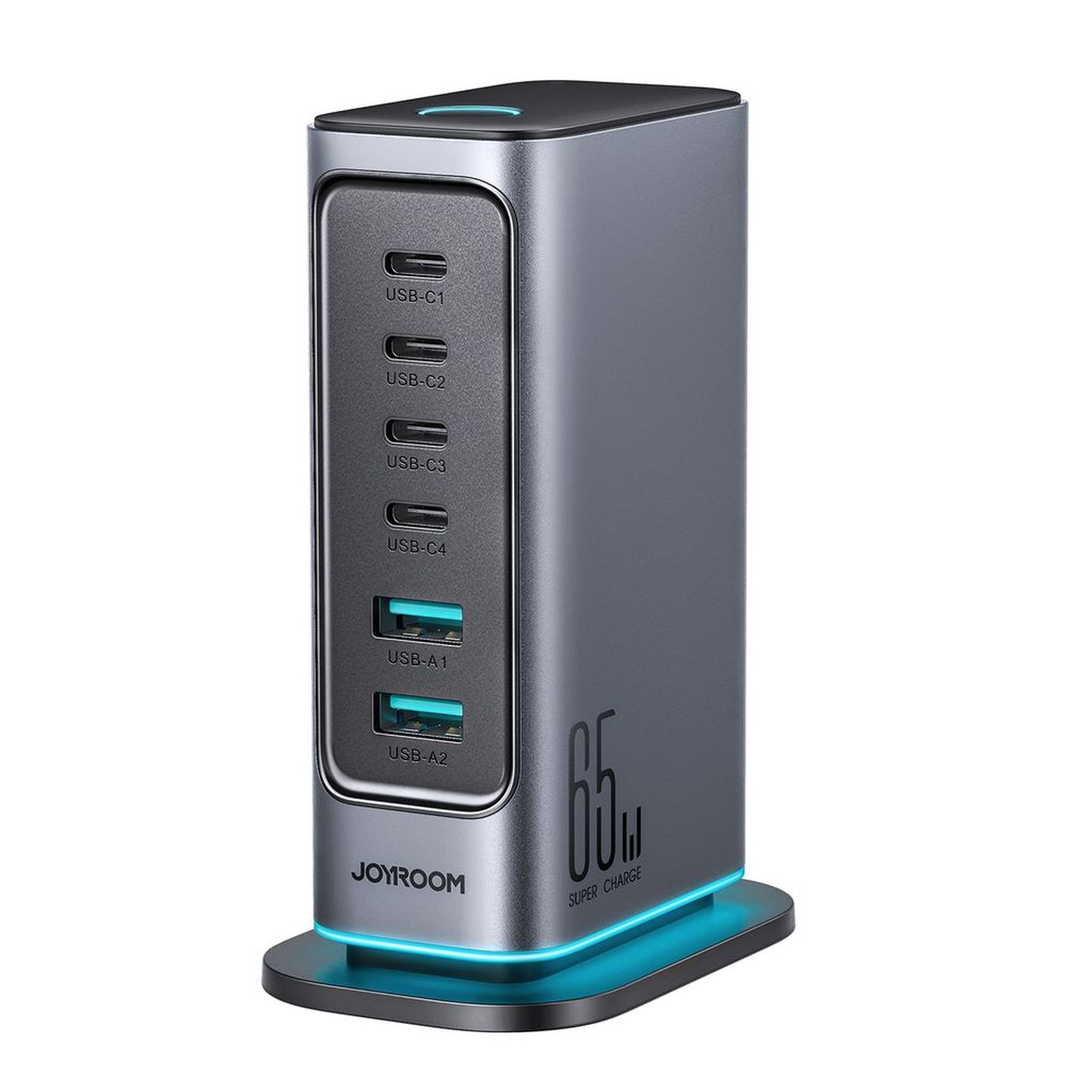 Joyroom JR-TCM02 GaN 65W laturi lataustukiasema 4xUSB-C 2xUSB-A UK-pistoke - harmaa