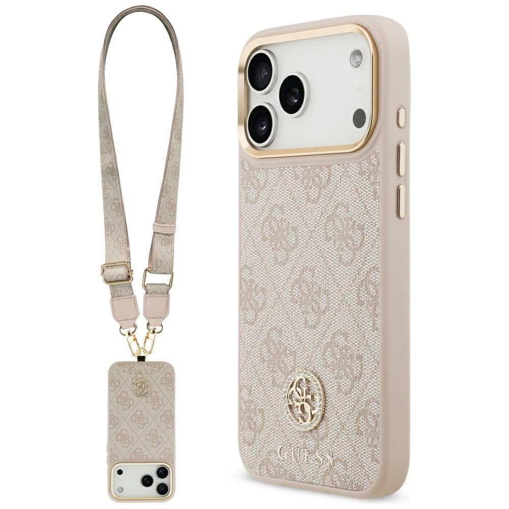 Guess 4G Strass Logo & Big Strap Metal Buttons MagSafe -suojakuori iPhone 17 Pro Max - pinkki