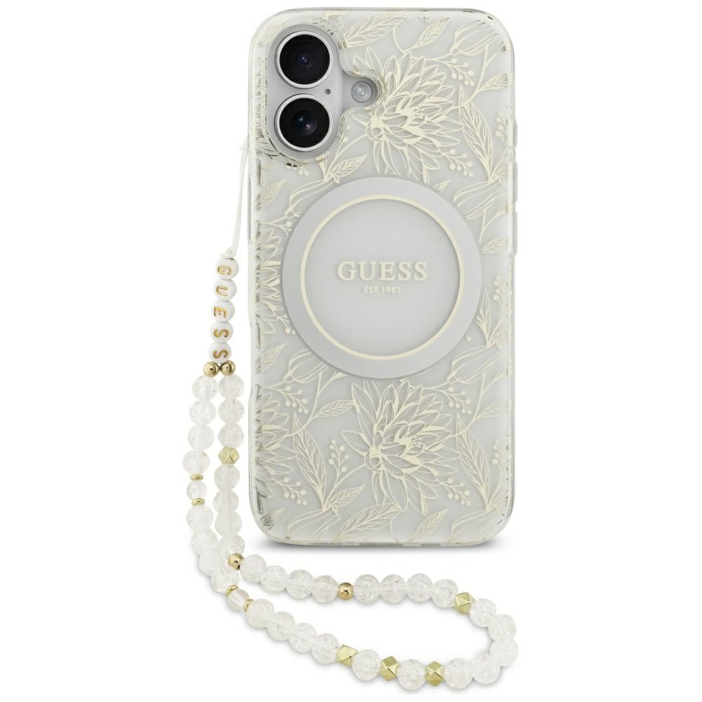 Guess IML Flowers Electro Pearl Strap MagSafe suojakuori iPhone 17 - valkoinen