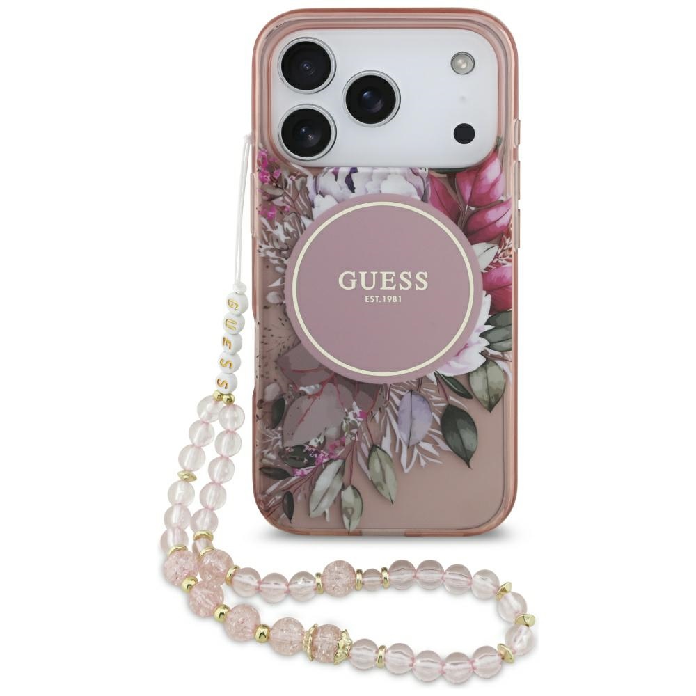Guess IML Flowers Pearl Strap MagSafe suojakuori iPhone 17 Pro - pinkki