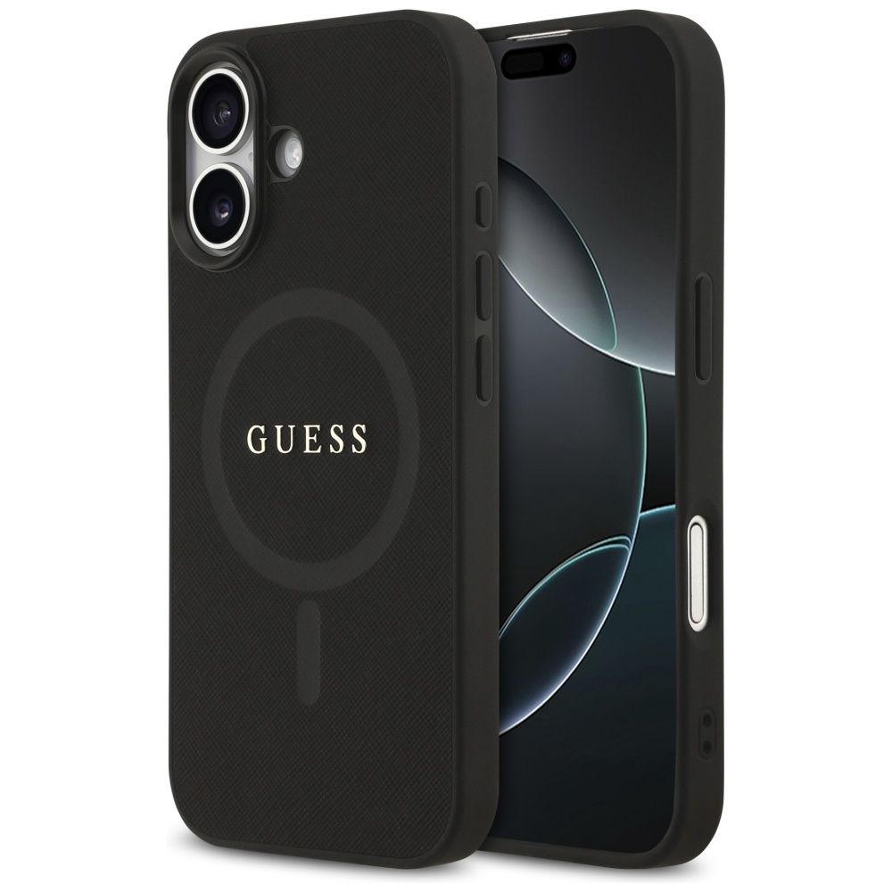 Guess Saffiano Classic Logo MagSafe kuori iPhone 17:lle - musta