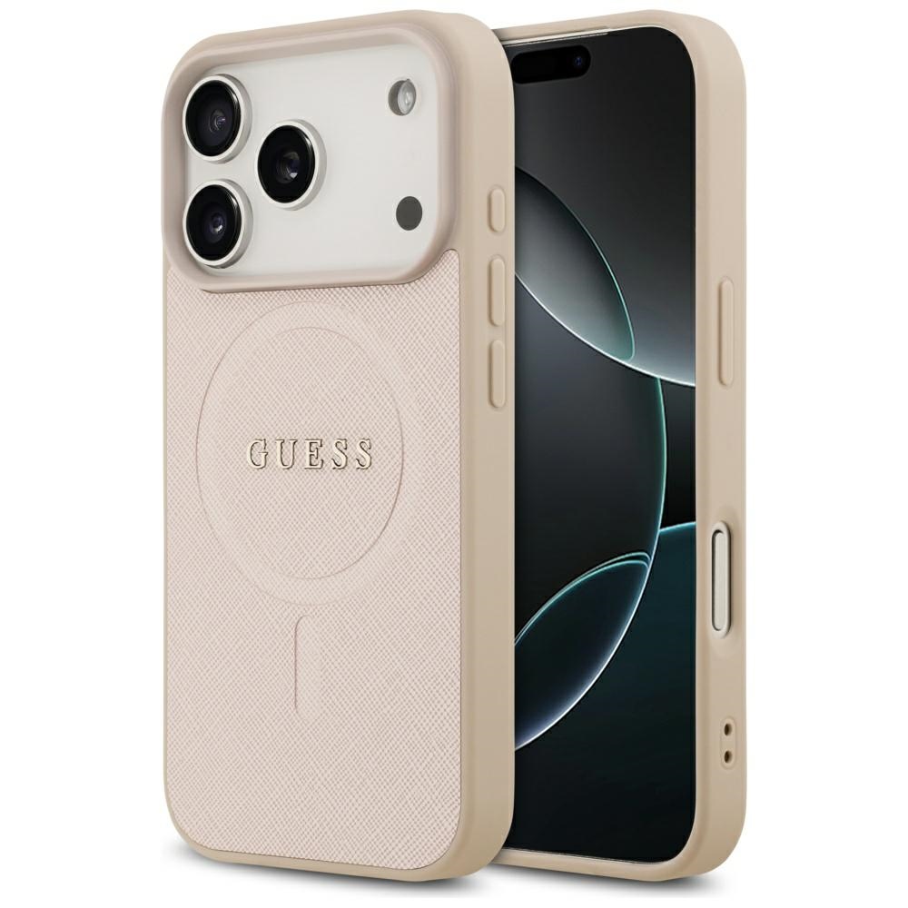 Guess Saffiano Classic Logo MagSafe Suojakuori iPhone 17 Pro:lle - vaaleanpunainen